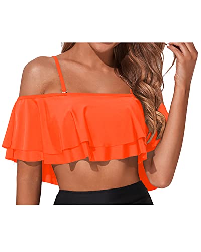 Sophisticated Elastic Band Flounce Swimsuit Top For Women-Neon Orange