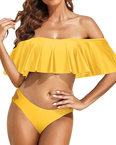 Alluring Two Piece Ruffle Off Shoulder Bikini Set For Women-Neon Yellow