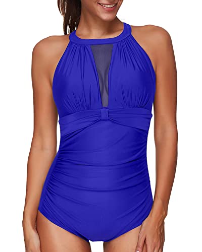 Ruched Monokini Women's High Neck Swimsuit-Royal Blue
