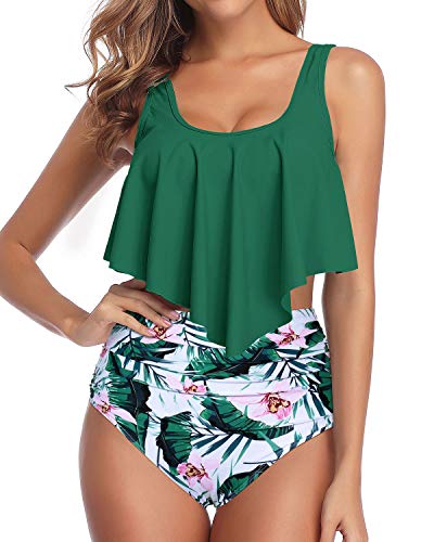 Removable Padded Push Up Bras Hot Sale Two Piece Bikini-Green Tropical Floral