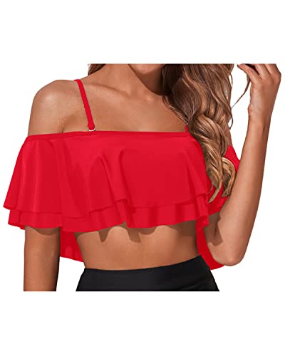 Classic Smooth Folded Off Shoulder Swim Top-Red