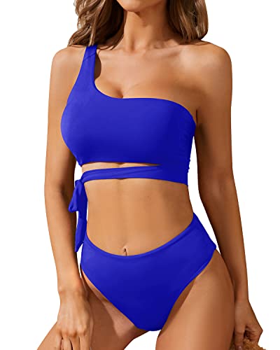 High Waisted One Shoulder Bikini High Cut Bottoms Set-Royal Blue