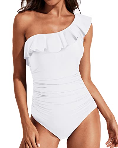 Tummy Control One Shoulder Ruffle One Piece Swimsuits-White – Tempt Me
