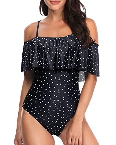 Flattering Off Shoulder One Piece Swimsuit Ruffles-Black White Dot