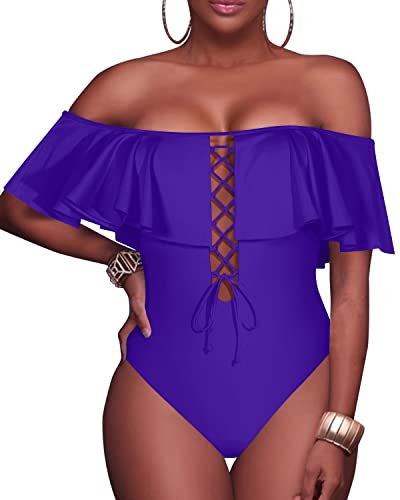 Slimming Lace-Up Front Ruffled One Piece Swimsuit For Ladies-Purple
