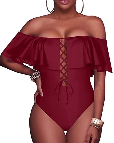 Junior's Lace Up Ruffled One Piece Bathing Suit-Maroon