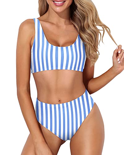 Scoop Neck Crop Top For Women Sports Two Piece Bikini For Women-Blue Stripes