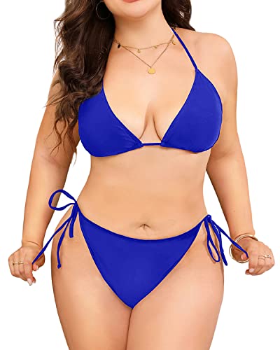 Adjustable Tie-Side Plus Size String Triangle Bikini For Women-Royal Blue