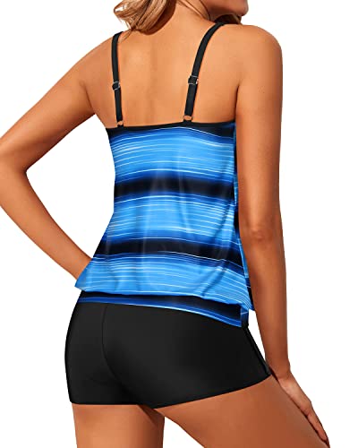 Loose Blouson Tankini Tops Blouson Tankini Swimsuits-Blue And Black Stripe