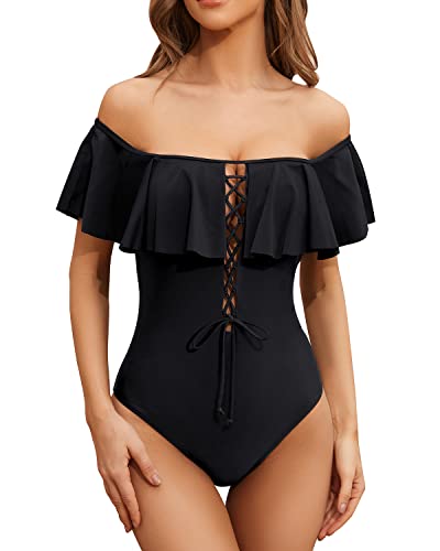 Lace-Up Front Off Shoulder Ruffle One Piece Swimsuit For Women-Black