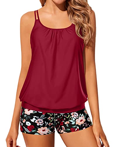 Women Tummy Area Coverage Blouson Tankini Swimsuits-Red Floral