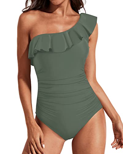 Tummy Control Ruffle One Shoulder Swimwear-Army Green