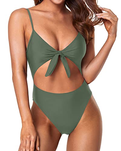 Sexy V-Neck Cutout Tie Knot Front One Piece Swimsuits-Olive Green