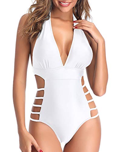 Low Back Plunge V Neck Halter Bathing Suits Backless One Piece Swimsuits-White