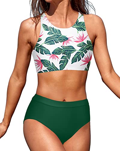 High Waisted Sporty Bikini Set 2 Piece Bathing Suits For Teen Girls-Green Tropical Floral