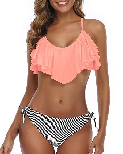 Two Side Ties Women Cross Back Bathing Suit-Coral Pink Stripe