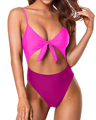 Bowknot Front Backless Design Sexy One Piece Swimsuits-Phosphor And Dark Pink