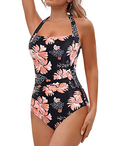 Slimming & Flattering One Piece Swimsuits Tummy Control One Piece Swimsuits-Black Orange Floral