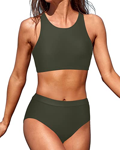 Adjustable Strap Crop Top Swimsuit 2 Piece Bathing Suits For Teen Girls-Army Green