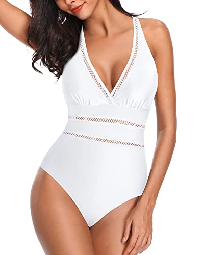 Backless Plunge V Neck Women One Piece Monokini Swimsuit-White