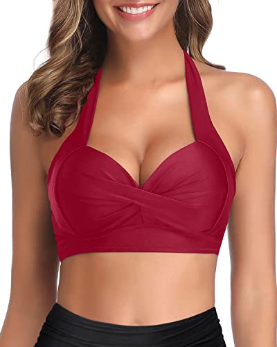 Retro Push Up Halter Bikini Top Only-Red