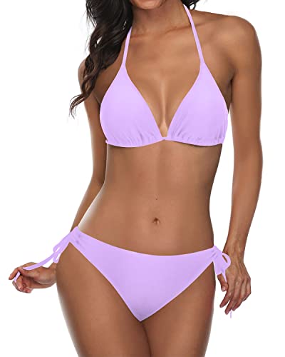 Sexy Tie Side Bottom Triangle Bikini Sets For Women-Light Purple