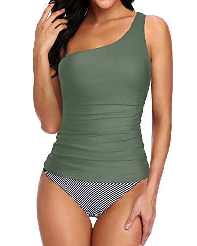 Women One Shoulder Tankini Top Bikini Bottoms For Tummy Control Swimwear-Army Green