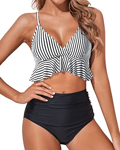 Women's Comfortable Beach Vacation Bikini Swimwear-Black And White Stripe