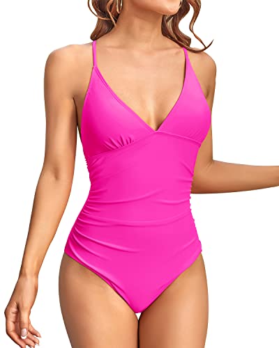 Sexy One Piece Swimsuits Cross-Back Design For Women-Neon Pink