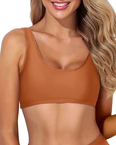 Women's Scoop Neck Sports Bra Bikini Top For Swimming-Brown