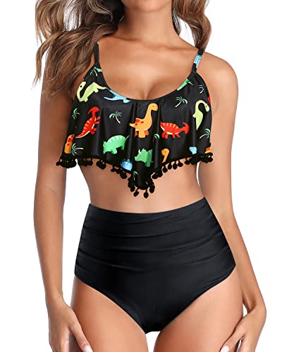 High Waisted Two Piece Bikini Swimsuit Ruffle Flounce Trim-Black Dinosaur