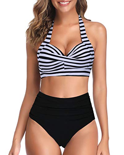 High-Cut Legs Figure-Flattering Pleated Front Panel Two Piece Halter Bikini For Women-Black And White Stripe