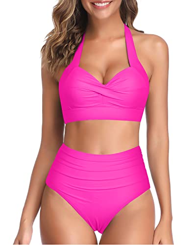 High Waisted Pleated Front Panel Women's Bikini Swimsuits-Neon Pink