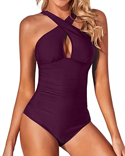 Wide Strap Bathing Suit One Piece Front Cross Keyhole Swimsuits-Maroon