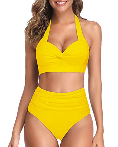 Vintage Halter Ruched High Waist Swimsuit Sets For Women-Neon Yellow