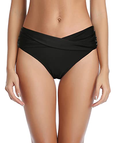 Women's High Waisted V Cut Swimsuit Bottoms-Black