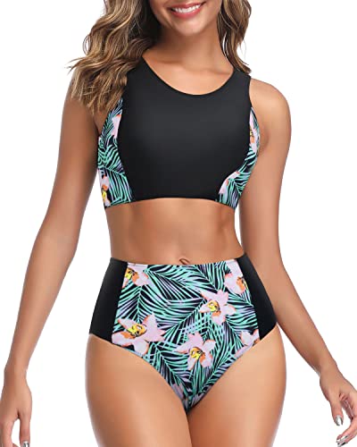 Stylish Two Piece High Waisted Bikini Set For Teen Girls-Black Floral