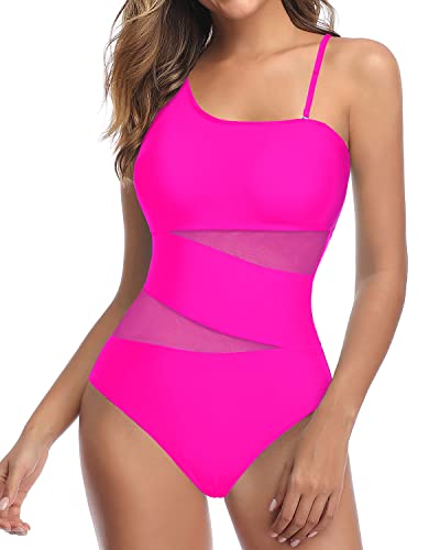 Sexy Cutout Mesh One Shoulder Swimsuit For Curvy Women-Neon Pink