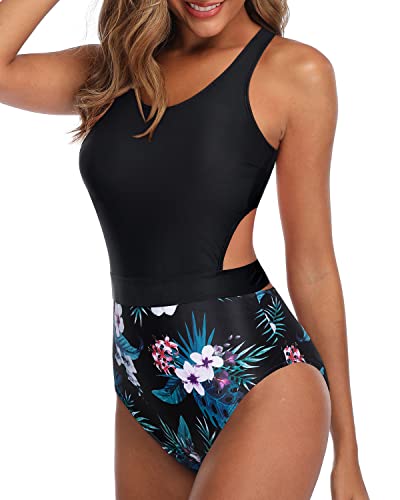 Padded Bra One Piece Tummy Control Cutout Swimsuits For Teen Girls-Black Floral