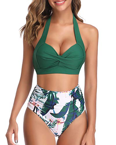 Padded Push Up Bra Adjustable Strap Push Up Bikini-Green Tropical Floral