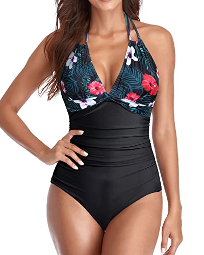 Flattering Ruched Slimming Tummy Control Bathing Suits-Black Floral