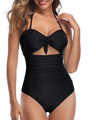 Tummy Control High Waisted Halter Sexy Cutout One Piece Swimsuits-Black