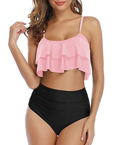 Flattering High Waisted Ruffle Ruched Women's Bikini Set-Pink And Black