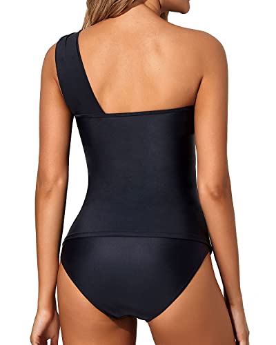 Asymmetrical Cut & Tummy Control Two Piece Tankini Bathing Suits For  Women-Black