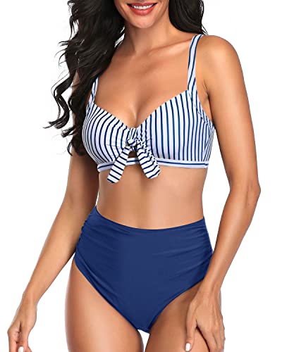 2 Piece Stylish Keyhole Women High Waisted Bikini Set-Blue White Stripe