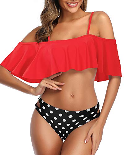 Stylish Ruffle Off Shoulder Bikini Set Adjustable Side Tie Bottoms-Red Dot
