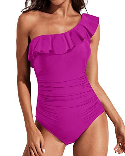 One Piece Swimsuits Tummy Control One Shoulder Swimwear-Hot Pink
