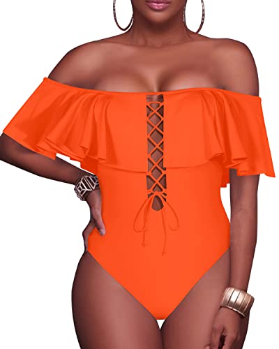 Gorgeous Removable Strap Off The Shoulder One Piece Swimsuit For Juniors-Neon Orange