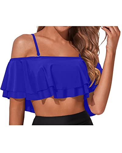 Fashionable Adjustable Bra Off Shoulder Swim Top-Royal Blue