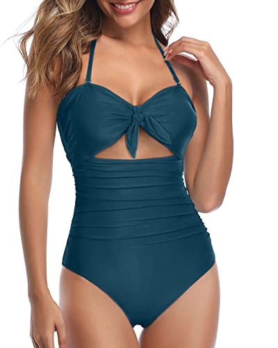 Removable & Adjustable Halter Sexy Cutout One Piece Swimsuits-Teal